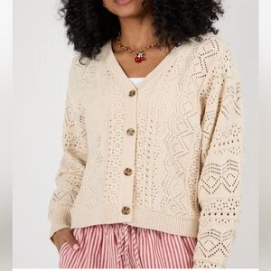 Pink Lily NWOT Taupe/Cream Cardigan Sweater VNeck Pointelle Small Cotton/Acrylic